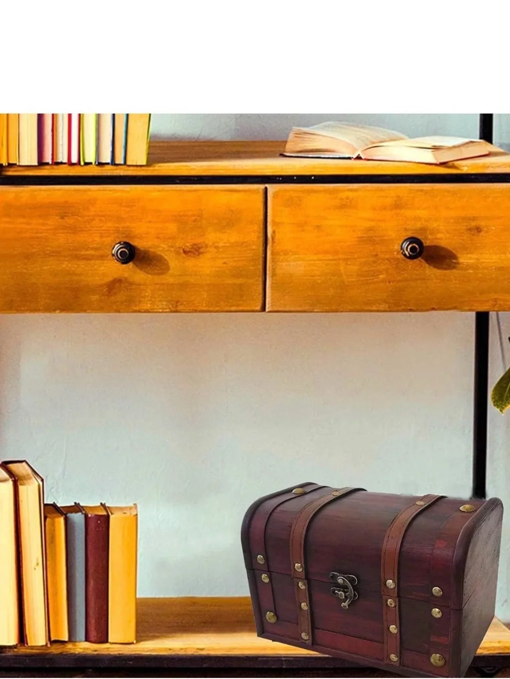 Wood and Leather Decorative Treasure Storage Chest Box